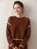 Suéter de Gola Redonda Contrastante de Caxemira para Base Outono e Inverno Novo Espessado Solto de Manga Longa Simples Tricotado para Mulheres