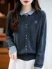 Cárdigan de Punto con Cuello Polo y Bordado de Lazo en Color de Contraste para Mujer, Nuevo Moda Juvenil Abrigo Superior Suéter Fino de Lana