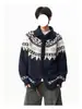 Chaqueta cárdigan de solapa con botones de cuerno Fair Isle para hombre, diseño de otoño, bloques de color, cárdigan de punto relajado