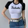Camiseta Feminina de Verão para Comércio Exterior Europeu e Americano, Estilo Puro Desejo Personalizado, Color Block, Estampa de Letras, Design Curto