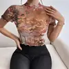 Verano Transfronterizo Nuevo Estilo Manga Corta Floral Sexy Chica Caliente Blusa de Gasa Top Estampado Camiseta para Mujer Europea y Americana Ropa para Mujer de Comercio Exterior