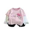 Camiseta de Manga Larga para Niñas de Primavera y Otoño, Ropa Elegante para Bebés, Marca de Moda Única para Niños, Camiseta Base de Dibujos Animados con Lazo, Aspecto de Dos Piezas