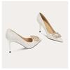 Sapatos de salto alto de cristal com bico fino para mulheres 2024 Novos sapatos elegantes de salto alto com fivela quadrada e strass Vestido de noiva principal Sapatos de noiva