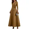 2026 Elegante Vestido de Noche de Satén con Escote en V y Mangas Tres Cuartos, Corte A, Ceñido a la Cintura, Formal para Banquetes, Novia, Vestido de Boda