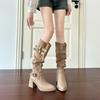 Botas Calça Novo Estilo Outono e Inverno, Botas Longas, Botas de Pelo, Botas de Cavaleiro com Salto Grosso, Botas Femininas Hottie com Fivela de Cinto e Salto Alto