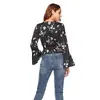 Blusa superior de gasa con estampado, volantes, manga larga acampanada y cuello en V, de diseño propio, europea y americana, nueva para Primavera y Otoño 2022, para mujer