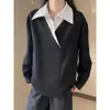 Sudadera de retazos de dos piezas falsas de estilo vintage nuevo 2026 con cuello vuelto para hombre, top informal holgado de moda para primavera y otoño