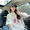 Camiseta de Algodón Puro Falsa de Dos Piezas con Dibujos Animados y Graffiti Chic para Mujer, Estilo Puro Deseo con Encaje Empalmado Protector Solar Holgada para Cubrir el Vientre