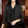 Blusa de Gasa con Lunares Negros para Mujer, Estilo Delgado, Cuello en V, de Atar, Top Elegante y con Estilo
