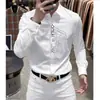Camisa masculina de manga longa de marca italiana de luxo com strass, corte justo, colarinho de abas, alta elasticidade, sem rugas, sem costura, camisa casual