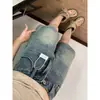 Shorts jeans feminino vintage azul versátil de corte justo, estilo popular para mulheres baixinhas, calça casual de cintura alta da moda com pernas largas de comprimento médio