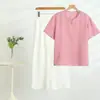 Conjunto de Calça com Manga Curta e Gola Redonda de Algodão e Seda Feminino 2025 Camiseta Fresca Respirável Elástica Feminina Calça com Botão