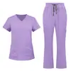 Conjunto de Uniforme Médico para Mulheres - Blusa com Decote em V e Calça Reta, Uniforme de Trabalho Unissex, Uniforme Cirúrgico Ajustado, Pijama Hospitalar, Várias Cores