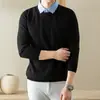 Suéter de malha masculino falso duas peças com gola virada, camisa de lã de manga comprida, nova camisa básica de cor sólida outono e inverno para pais de meia-idade