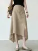 Saia midi cáqui com barra de renda irregular para mulheres 2026 verão popular novo estilo moda temperamento saia midi