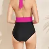 Traje de baño tipo tankini de una pieza con cuello halter y bloques de color estilo europeo y americano, cuello en V, que oculta el abdomen y estiliza la cintura, conservador, para efecto adelgazante, adecuado para playa, aguas termales y trajes de baño de vacaciones