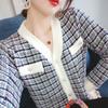 Cardigan Tricotado Xadrez Estilo Chanel Versátil 2024 Outono e Inverno Nova Moda Coreana Doce Solto Suéter Casaco Feminino