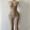 Serie Estampado de Leopardo Transfronteriza para Mujer Color de Piel Estampado Leopardo Mono de Malla sin Apertura