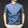 Camisa polo de alta gama para hombre, manga corta, cuello mao, casual, camiseta de seda helada con media cremallera premium, vestimenta de negocios para hombre