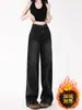 Jeans Skinny Reto de Cintura Alta com Modelagem Ampulheta para Mulheres, Novo de Inverno Plus Size Calças Largas Forradas com Fleece Comprimento Total