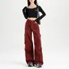Comercio Transfronterizo Estilo Americano Angora Teñido de Rojo Pantalones Cargo Otoño Nuevo Estilo Hong Kong Cintura Alta Multibolsillos Holgados Pierna Ancha