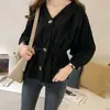 Nova camisa elegante estilo coreano com acinturamento para afinar, decote em V, roupas casuais de manga comprida para mulheres plus size para primavera e outono, top que rejuvenesce para mulheres