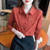 Roupas de Outono 2026 Nova Camisa de Algodão Puro Bordada em Jacquard para Mulheres, Camisa Feminina 100% Algodão, Blusa Fina Elegante de Manga Longa