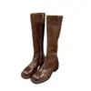 Botas de cuero lavado que hacen que las piernas parezcan más delgadas, botas altas negras para mujer hasta la rodilla con punta redonda, adecuadas para mujeres petites, botas de montar de tacón alto