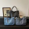 Bolsa de Compras de Mezclilla Lavada Vintage de Gran Capacidad Casual de un Solo Hombro Estilo Coreano, Bolso de Mano Sólido Ligero para Viajes