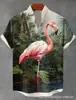 Camisa Creativa para Hombre con Cuello Mao, con Elementos de Estampado de Grulla Animal, Corte Holgado para Verano, de Lino con Mangas Cortas