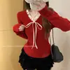 Camiseta Interior de Encaje con Cordones y Cuello Retorcido Estilo Coreano para Mujer en Otoño e Invierno Estilo Puro Lustre con Suéter con Dobladillo de Oreja Top Tejido