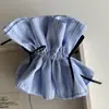 Scrunchie Azul Ballet com Laço de Fita Listrado Acessório de Cabelo para Mulheres, Elástico de Cabelo de Renda Texturizada Ornamento de Cabelo