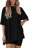 Conjunto de Camiseta de Manga Corta con Cuello Redondo y Shorts para Mujer de Verano, Holgado de Cintura Alta con Bolsillos, Ropa Casual para Estar en Casa, Amazon Transfronterizo