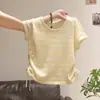 Camiseta de Punto de Manga Corta a Rayas de Color Contrastante Estilo Coreano para Mujer 2026 Nuevo Estilo Top Fruncido en la Cintura con Cordón A11045