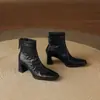 Nuevas botas de tobillo de cuero genuino para otoño e invierno para comercio transfronterizo, tacón grueso, punta cuadrada, botines negros de tacón alto para mujer, marrones plisados, versátiles, de moda