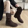 Botas de vaquero western de gamuza retro simples para mujer, colección otoño 2026, tacón grueso, botas apiladas plisadas, botas de montar de tacón medio, botines