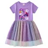 Vestido de Princesa de Malla con Lentejuelas Arcoíris para Niñas, Manga Corta de Verano, Manga Larga de Primavera y Otoño, Estilo Kpop Cazador de Demonios
