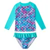 Conjunto de traje de baño de dos piezas para niñas, traje de baño de manga larga con diseño de escamas de pez, adecuado para niños mayores, traje de baño para protección solar en la playa con alta elasticidad Escamas de pez