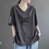 Camiseta Estilo Mãe de Comércio Exterior com Desconto Transfronteiriço, Gola V de Manga Curta para Mulheres, Blusa Estampada de Manga Meia-Manga Soltinha Plus Size para Mulheres