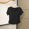 Creme Amarelo Branco Doce Hot Girl Gola Baixa Manga Curta Ombro Feminino T-Shirt Design de Verão Cintura Plissada Clavícula Top