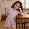 Conjunto de Casa Estilo Europeu e Americano Transfronteiriço, Conjunto de Pijama Curto com Manga Curta Floral Fino Versão Coreana, Roupa para Ar Condicionado para Meninas e Crianças