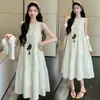 Vestido de Maternidad Delgado Estilo Vacaciones Coreano con Botones Abiertos, Top Protector Solar para Lactancia, Conjunto de Vestido Camiseta Holgado de Maternidad
