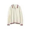 Cárdigan de Bloques de Color Retro con Cuello Polo Estilo Universitario Lana Cachemir Tejido de Osmanthus Doble Cremallera Chaqueta de Punto Vintage Otoño Invierno