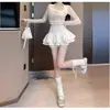 Saia midi plissada branca para mulheres, saia de verão em camadas estilo balé, cintura alta, saia evasê emagrecedora, com shorts embutidos para evitar exposição