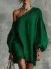 En Stock 2026 Ropa de Mujer Europea y Americana Transfronteriza Verano Nuevo Color Sólido Adorno de Encaje Hombros Descubiertos Manga Larga Vestido Casual