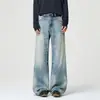 Jeans anchos vintage lavados estilo americano para hombre, jeans de papá de moda de alta costura con bordes desgastados, pantalones largos rectos holgados