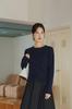 Roupas de Hong Kong e Americanas/Suéter Cardigã de Botão 100% Lã Gola Redonda Tricô Feminino Outono e Inverno Azul Marinho Top Novo Estilo