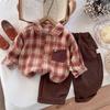 Camisas Xadrez de Manga Comprida para Meninos de Comércio Exterior Primavera Novas Camisas Casuais Infantis Algodão Roupa Infantil para Bebê Conjunto de Duas Peças Atacado