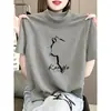 Camiseta feminina de algodão puro com manga curta, novo estilo outono 2026, gola alta discreta, top elegante em tecido escovado cinza