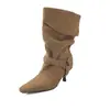 Botines cortos para mujer estilo francés Chuyuji 2026 nuevos botines de tacón alto con punta y hebilla de cinturón, botines de motociclista, botines plisados apilados